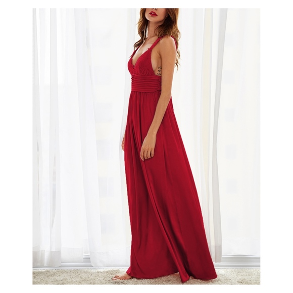 Bright Red Satin and Lace Details Maxi Dress - Picture 3 of 8